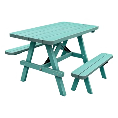 functional scenic prop picnic table with benches, soft teal, straight vertical legs, wheels, flat wood-style silhouette, clean geometry, minimal shading sticker