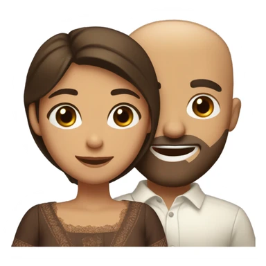 Brown-haired Puerto Rican woman with dark brown eyes wearing a cute blouse giving a comforting hug to a short, bald man with brown eyes, laugh lines, and a beard sticker