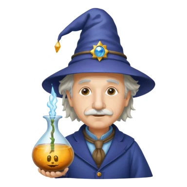 Albert Einstein, wearing wizard hat custome, with glas vase sticker