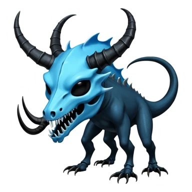 Shiny Dark Edgy  Salandit-Inteleon-Amaura-Fakémon-hybrid-creature (full body) with a horned animal-skull-mask sticker