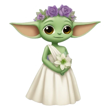 baby yoda in a wedding dress with a green and purple floral crown sticker