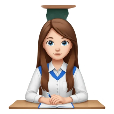 high school class room with a pretty female high school student with long brown hair, blue eyes sitting in front of the blackboard sticker
