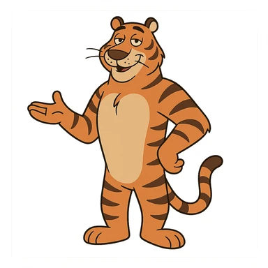 a friendly, tall tiger, soft eyes, welcoming posture, cartoon style sticker