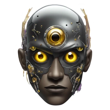 black metal male cyborg head with artificial eyeball, circuitry and wispy yellow gold hair sticker