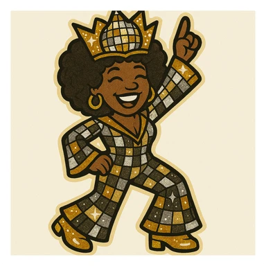 Create a 1970s disco emoji of a female African American with a full body, dancing, wearing a sparkling, extra vibrant 70s style crown and matching disco outfit. Use only gold, silver, black, and white, but make the colors bold and luminous. She should have a joyful expression and afro hairstyle, in a bold pop colors style. sticker