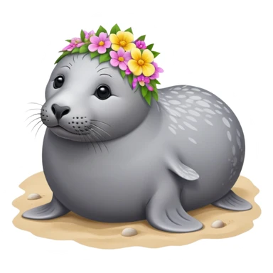 Grey Seal on the beach with the flower pin on the head sticker