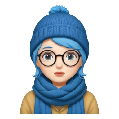 A shy blue straight hair woman with big round glasses and thick scarf and a beanie, blushing from the cold. sticker