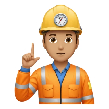 a guy wearing safety outfit with helmet standing and pointing finger to 3 oclock direction sticker