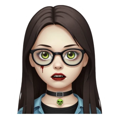 girl zombie with long dark brown straight hair With black eyeglasses and a choker sticker