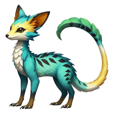 Rare realistic exotic edgy epic pretty beautiful handsome gorgeous aesthetic colorful vibrant Vernid-Trico-species-Fakemon-creature by LiLaiRa, 4 legs, 1 tail, random markings, (full body) sticker