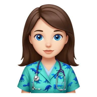 pretty brunette nurse with long hair and blue eyes in dinosaur pattern scrubs sticker