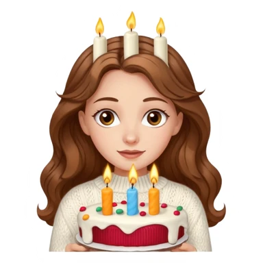 A pretty white girl with hazel brown eyes and long brown wavy hair in a cosy white knit sweater, she is celebrating her birthday sticker