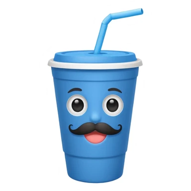 paper blue cup and white straw, the cup has eyes and mouth and mustache sticker