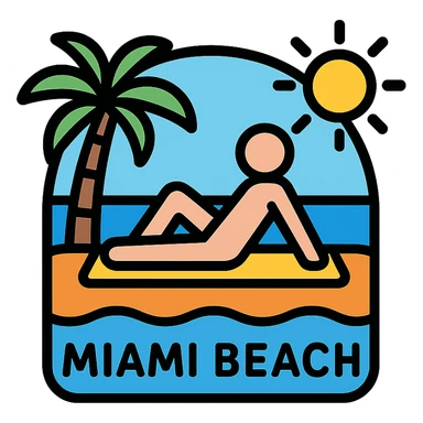color outline icon of a person sun tanning with Miami beach, palm tree, and sun sticker