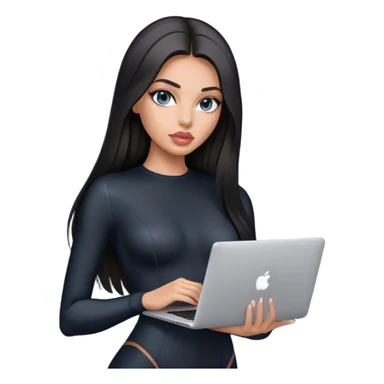 Glamours, tanned, very beautiful girl, with big pump peach-beige-rose lips, black straight smooth silky long hair, straight parting, blue-grey eyes, in black bodysuit holding MacBook sticker