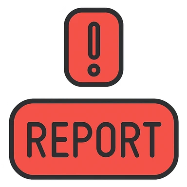 the word REPORT in all caps, inside a red rounded rectangle, with a red exclamation mark above it, the exclamation mark is inside a red rounded rectangle, everything is red sticker