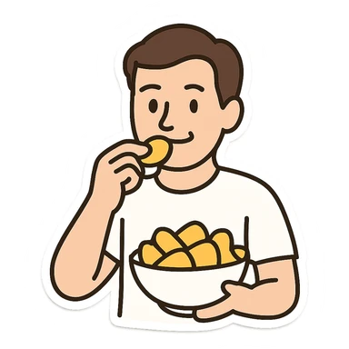 man eating chips, more white, smiling a little, sticker sticker