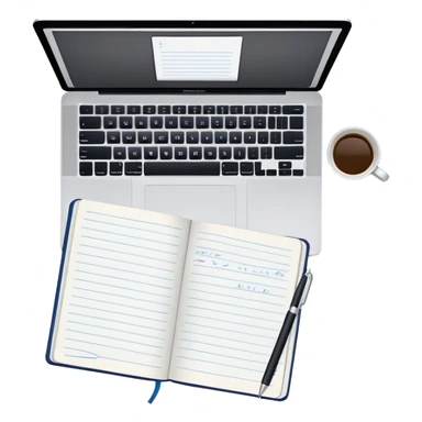 top view of a MacBook and a notebook with a pen nearby, notebook with visible notes sticker