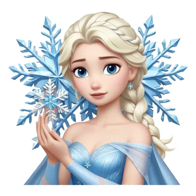 Cinematic Realistic Elsa Portrait, depicted with lifelike skin texture, soft natural lighting, and intricately detailed platinum blonde hair styled elegantly. Her striking, expressive blue eyes exude confidence and grace, complemented by a serene and regal expression. She holds a shimmering snowflake delicately in one hand, her other hand resting against her gown, embodying the power and beauty of winter. She is dressed in her signature icy attire, with shimmering fabric textures and delicate folds that catch the light beautifully. The portrait features a soft, enchanting glow with a cool, radiant finish, capturing the essence of timeless elegance in a realistic and painterly style. sticker