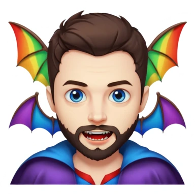 Vampire with blue eyes, short brown hair, short beard/scruff and fangs. rainbow color bats behind him sticker