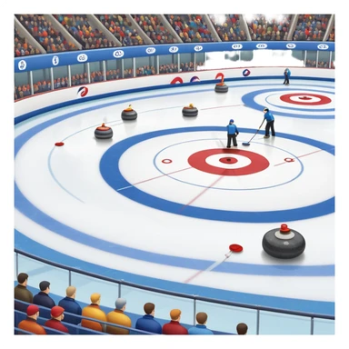 An icon showing a curling match on an indoor ice stadium, with a polished curling stone gliding toward the target and players sweeping. Spectators watch from stands, and flags hang above the rink. Transparent background highlights strategy and focus in the sport of curling. sticker