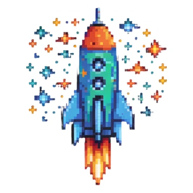 A retro pixel art style space rocket with bright colors and stars around it sticker