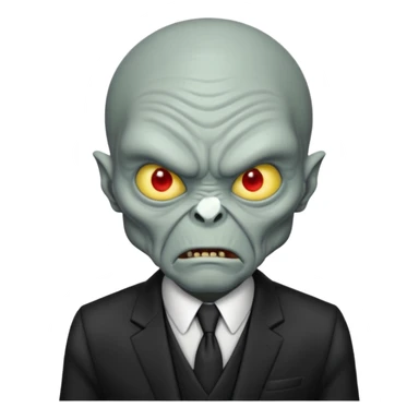 an old alien with black suit, grey skin, angry sticker