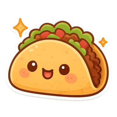 chibi sticker-style taco with sparkles, cute and exaggerated sticker