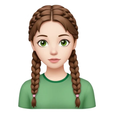 create an emoji of a young woman. She has a nice look, with long brown hair in a braid, dark green eyes, pale skin, natural soft pink lips. she wears a green y2k top sticker