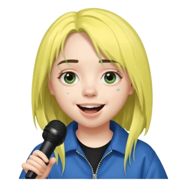 billie eilish is singing, holding mirco and smile sticker