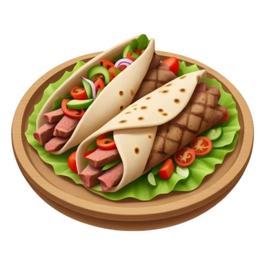 Cinematic Realistic Gyros Dish Emoji, showcasing succulent, spiced meat wrapped in pita with fresh vegetables rendered with lifelike detail and dynamic, appetizing lighting. sticker