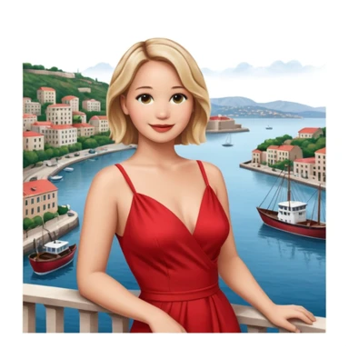 jennifer lawrence, red dress leaning on a balcony with a harbor and cityscape in the background, smiling, closeup sticker
