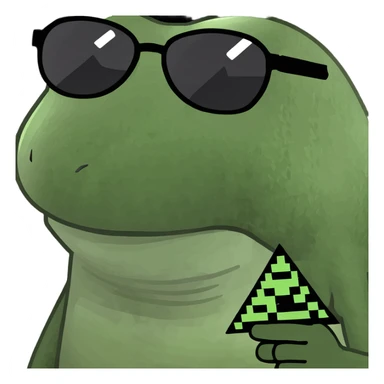 bufo with triangle shaped 8 bit sunglasses full black, confident smile, with a mini full dark powerful orb in his hand sticker