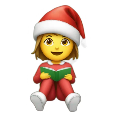 Girl with Christmas hat on sitting beside Christmas tree sticker