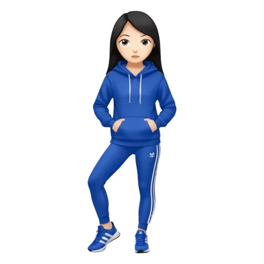 A pretty white/asian tanned girl with medium long strait dark brown almost black hair wearing a royal blue hoodie and leggings with adidas sambad sticker