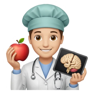 neurosurgeon holding a brain scan, smiling, apple emoji style sticker