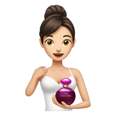 a brunette woman applying perfume sticker