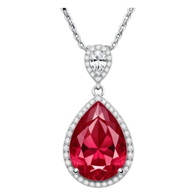 teardrop ruby pendant with silver chain and white stones, glowing with passion and renewal sticker