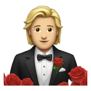 White guy with straight hair and red roses wearing tux sticker