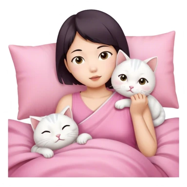 Short hair Asian girl in pink cloth wake up with white cat  sticker