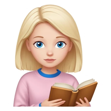 Pretty blue eyed white girl with light pink sweater reading cozy sticker