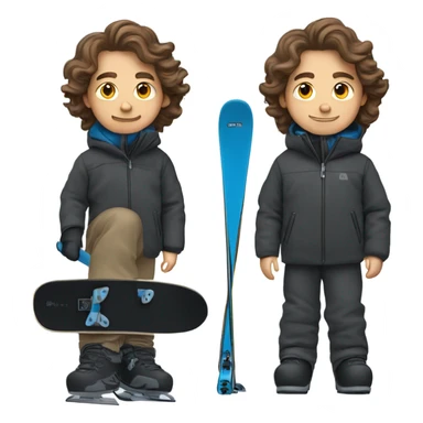 1 white Boy with wavy brown hair skiing with blue skis. He is wearing all black snow pants and a gray jacket   sticker