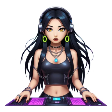 Korean techno DJ girl, wearing a stylish edgy outfit with metallic chains, long black hair, performing in a neon-lit underground club, cyberpunk aesthetic, high-detail 3D emoji style, energetic and intense vibe. sticker
