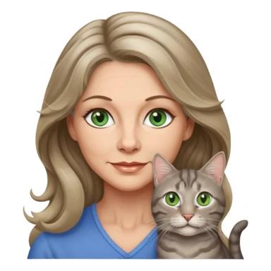 beautiful 50 yr old woman, long wavy dark blonde hair, blue green eyes with one beautiful gray tabby cat with olive eyes sticker