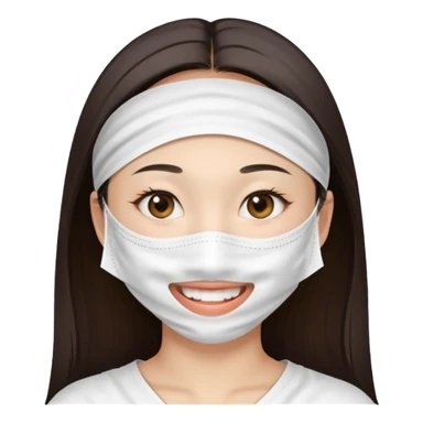 Smiling Asian girl with large white sheet mask pack sticker