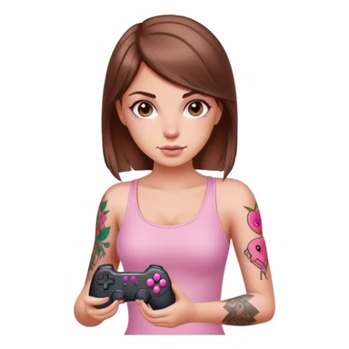 White girl with arm tattoo and brown hair holding a pink game controller sticker