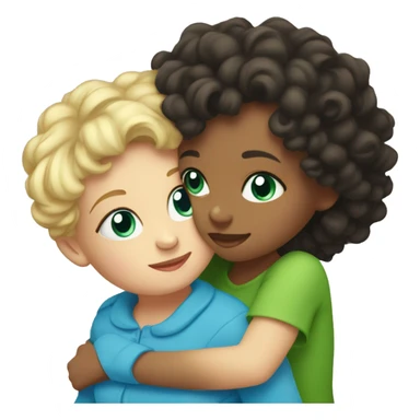 Toddler with curly dark hair and green eyes hugging her blonde mom with blue eyes sticker