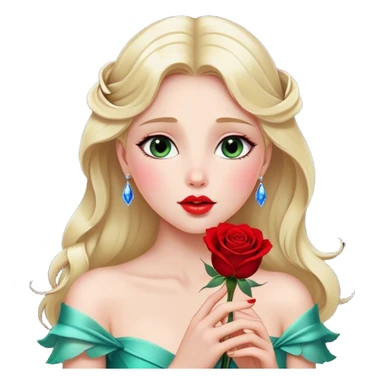 Cinematic Elegant Aurora Portrait Emoji, Delicately holding a single red rose, gazing with soft wonder, lips gently parted as if about to sing, the picture of grace and elegance, glowing with royal charm! sticker