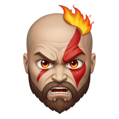 A custom emoji design of "Kratos" from "God of War", "Rage mode with fire eyes", "Apple Emoji Style", isolated on white background, clean lines, high quality sticker style, vector graphics, minimalistic sticker
