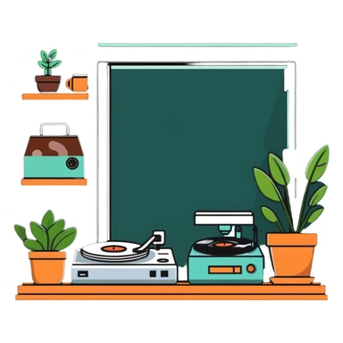 cozy indie coffee shop with plants and record player sticker